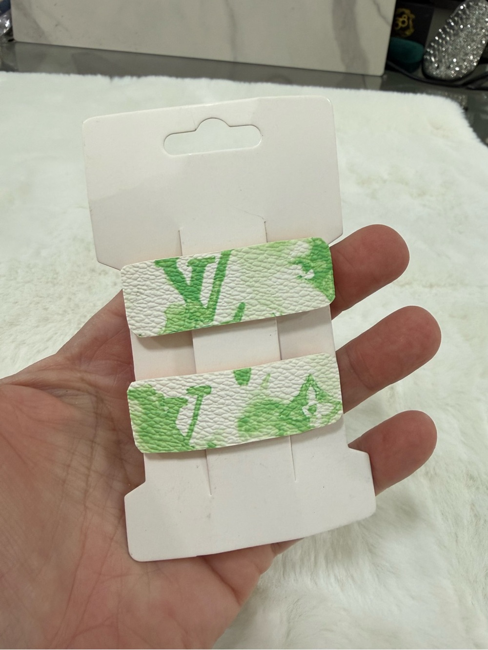 Louis Vuitton green upcycled hair clips barrettes set